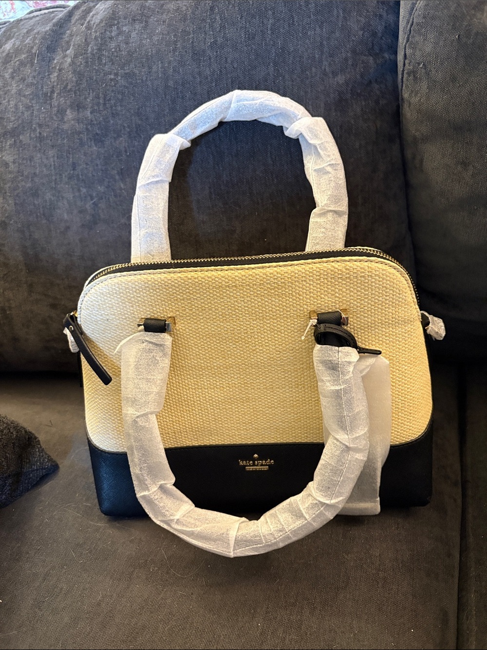 kate spade Yellow and Black Two-Tone Straw Satchel